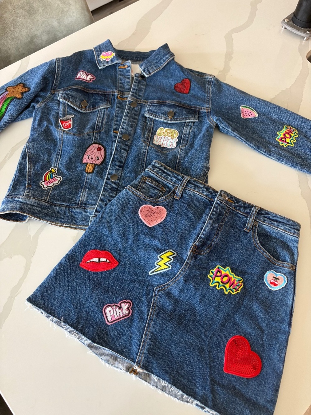 GB Girls Denim Patched Jacket + Skirt